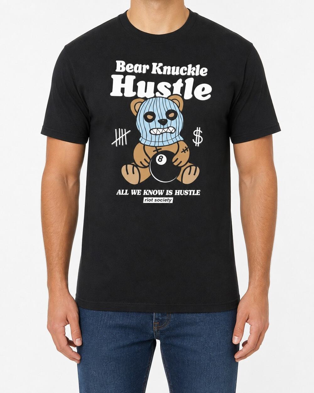 NWOT Riot Society T-Shirt Mens M Black Bear Knuckle Hustle Crew Neck Pullover